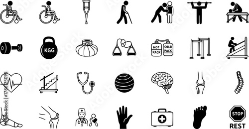 Essential healthcare and rehabilitation icons set for physical therapy