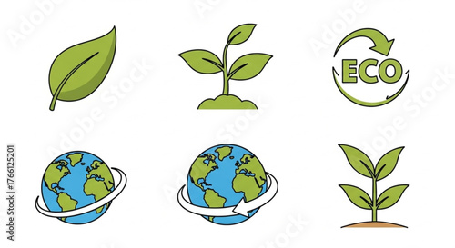 Renewable energy icons featuring solar, wind, and eco elements in linear style