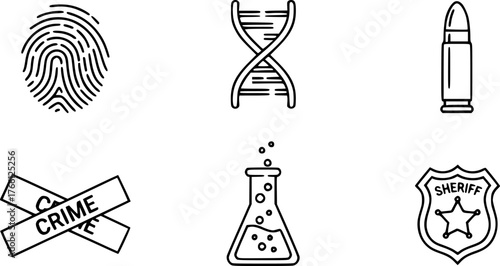 Crime investigation icons: fingerprint, dna, bullet, crime scene, lab, badge