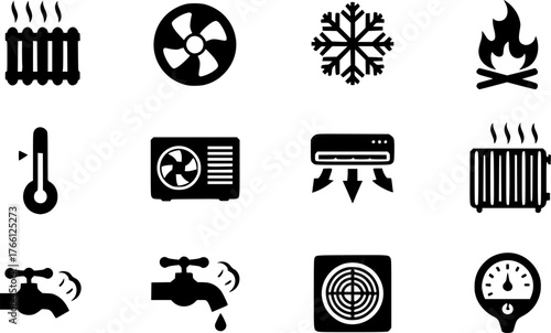 set of heating and cooling system icons in flat design style