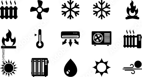 set of heating and cooling system icons in flat design style
