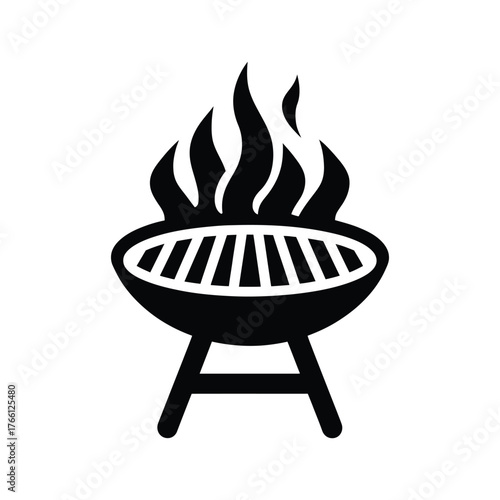Black barbecue grill with flames icon on the white background shows hot grilling