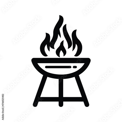 Black barbecue grill shows hot burning flames in a simple icon over white background