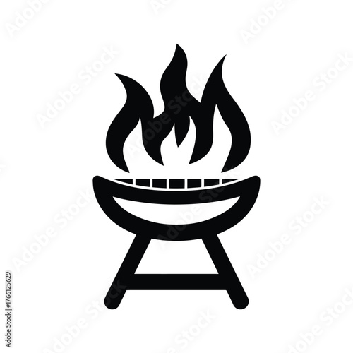 Black silhouette presents a simple barbecue grill with blazing flames against a white background