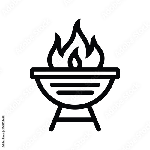 Burning flame rises above a black barbecue grill in a white background
