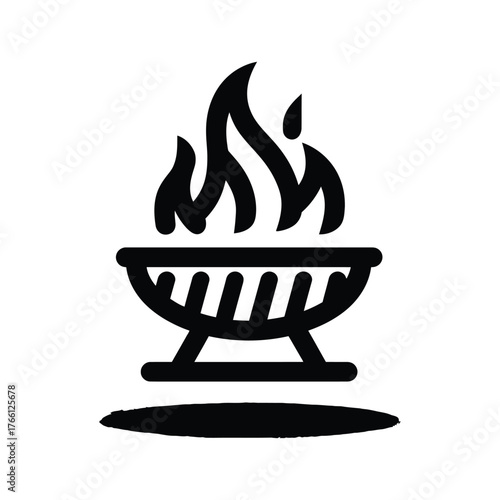 Burning flames rise above a monochrome grill icon on a white background