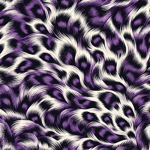Digital art vector of purple leopard texture featuring wild fur pattern ideal for trendy fabric design, digital backgrounds, wallpaper, and modern artwork.