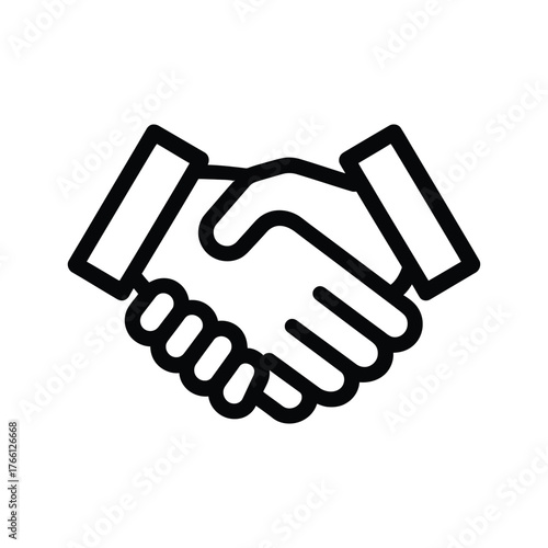 Minimalist black line drawing depicts two hands clasped together firmly on white background