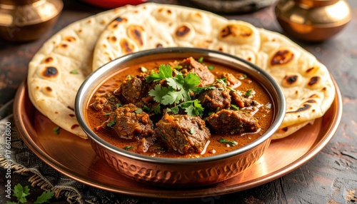 Rich Indian Lamb Curry Served with Flatbread and Fresh Cilantro Garnish in a Copper Bowl on a Dark Textured Surface