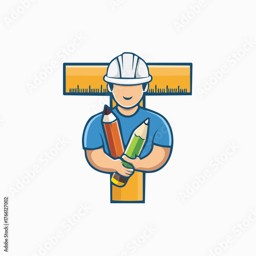 Artistic rendering showcasing a builder holding drawing tools and architectural blueprint