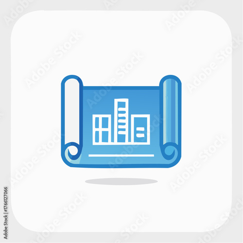 Blue architectural blueprint illustration featuring urban building skyline design