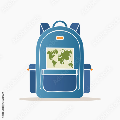 Blue backpack showcasing a world map symbolizes exploration and global travel aspirations