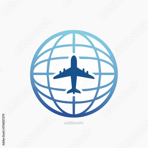 Conceptual aviation graphic showcasing global travel with stylized airplane icon