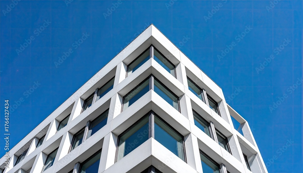 Obraz premium Modern White Building Corner With Blue Sky Reflections In Windows And Clear Blue Sky Above