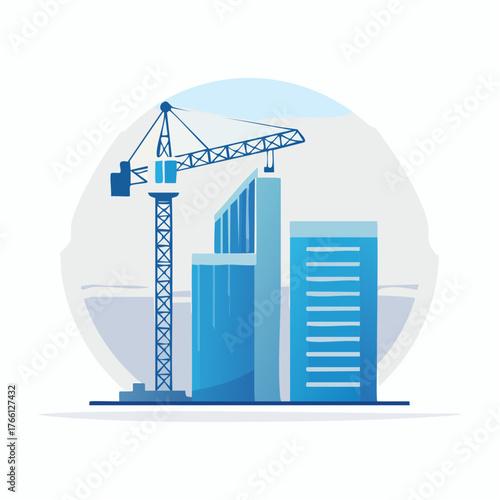 Construction site illustration with crane and buildings in minimalist design