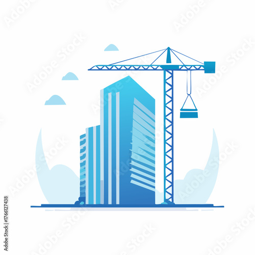 Construction Site Illustrative Graphic with High-Rise Building and Crane Operation