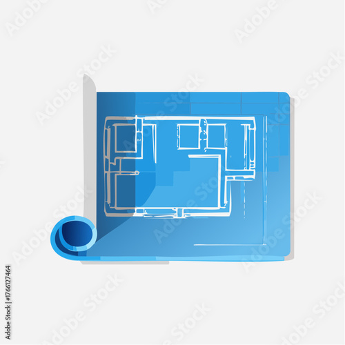 Detailed architectural blueprint displaying home layout on a rolled paper