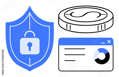 Shield with lock symbol, coin, and analytics window representing cybersecurity, data protection, finance, digital security, risk management, fintech, and privacy in a simple flat metaphor