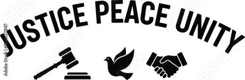 Justice Peace Unity – Symbolic Icons of Fairness, Harmony, and Collaboration in Bold Typography