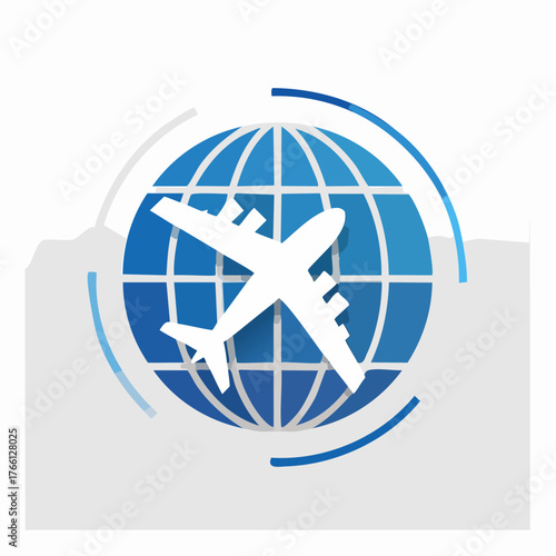 Global Airline Services: Airplane Silhouette over Blue Globe with Circular Trails
