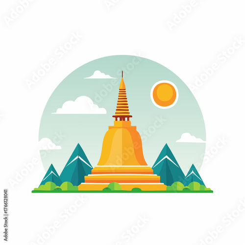 Golden pagoda nestled amidst serene mountains under the clear sky artwork