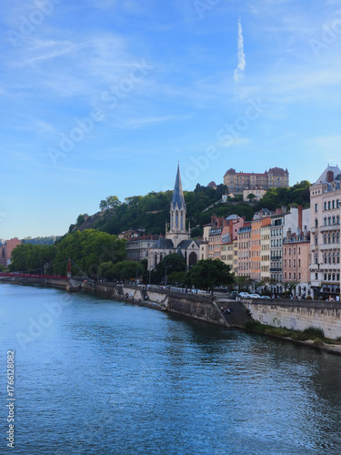 Lyon, France, May 29, 2025, View of the Rhone River and its embankment, waterfront Blue Sky