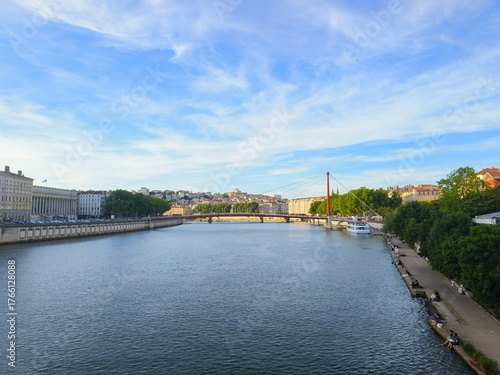 Lyon, France, May 29, 2025, View of the Rhone River and its embankment, waterfront Blue Sky