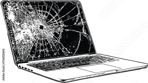 Broken Laptop with Cracked Screen - Technology Concept Photo
