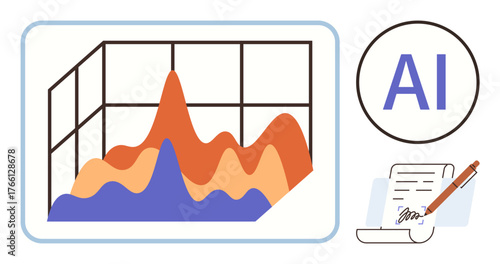 Line graph with fluctuating peaks, AI label in a circle, signed document with pen. Ideal for data trends, analytics, machine learning, automation, intelligence, business insights simple flat