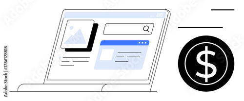 Laptop displaying website layout with search bar, content blocks, and dollar icon. Ideal for online business, e-commerce, advertising, financial growth, web design, SEO simple flat metaphor