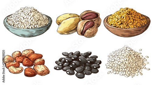 Delicious Collection of Rice, Beans, and Nuts in Vector Illustration