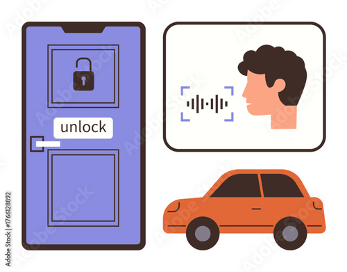 Smart door, man giving voice command, and car connected by voice recognition. Ideal for security, innovation, smart home, tech solutions, automotive access, modern convenience simple flat metaphor