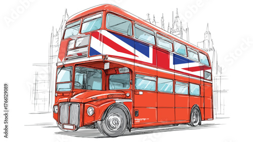 Vintage Double Decker Bus Drawing with British Flag - Ideal for Travel Blogs and Tourism Websites