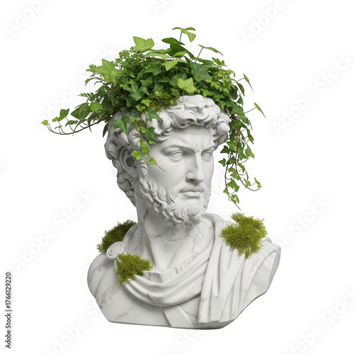 Ancient roman bust transformed into a living planter with lush greenery transparent background