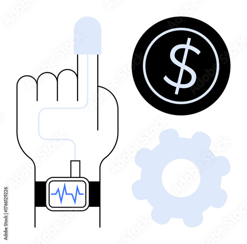 Finger with health monitor and pulse graph, large dollar sign, and cogwheel image. Ideal for wellness technology, healthcare funding, productivity tracking, financial health, efficiency improvement