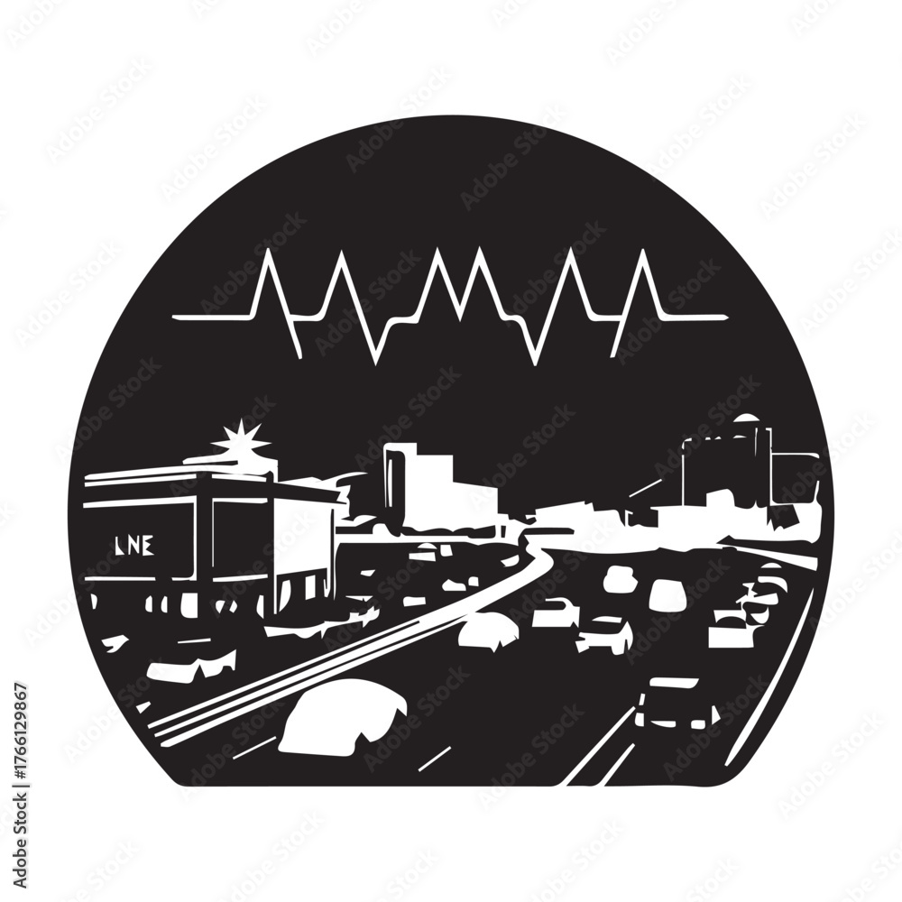 Obraz premium Monochromatic illustration of a cityscape with a highway bustling with cars, set against a backdrop of buildings and a symbolic heartbeat line, isolated on white background