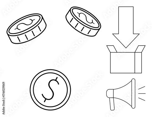 Coins with dollar sign, open box, down arrow, and megaphone symbolize money-saving, delivery, sales, marketing, funding, e-commerce and advertising in a simple flat metaphor
