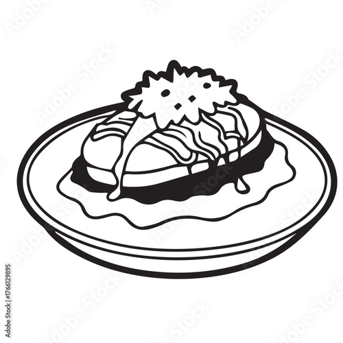 Monochrome drawing of a dessert on a plate, featuring a pastry topped with cream and drizzled with sauce, showcasing culinary art, isolated on white background