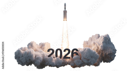 A rocket ascends through fiery exhaust and clouds, representing progress and future ambitions.