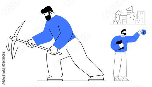Person striking with pickaxe to mine resources, alongside businessman holding assets near cityscape buildings. Ideal for resources, labor, economy, investment, wealth, urbanization, industry