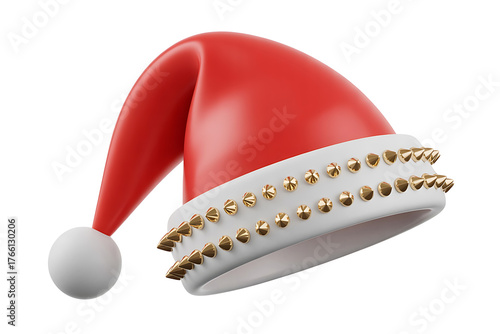 Festive red hat with white trim and decorative gold accents, embodying holiday cheer.