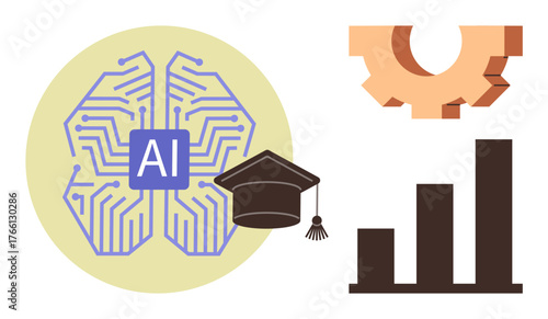 AI brain circuit, graduation cap, gear, and bar graph signifying technology, education, innovation, data analysis, progress teamwork success. Ideal for education AI growth tech trends
