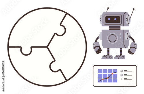 Robot next to circular puzzle globe and analytics panel with graph, symbolizing problem-solving, technology innovation. Ideal for automation, AI, teamwork, science, tech progress, robotics simple