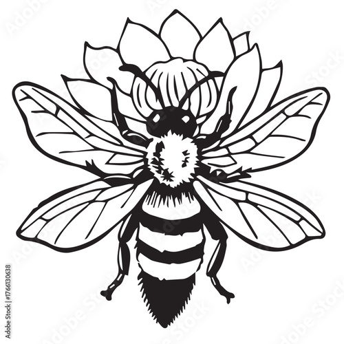 Detailed bee illustration on a flower, isolated on white background, showcasing intricate wing patterns and body details, creating a visually engaging representation of natures pollinators