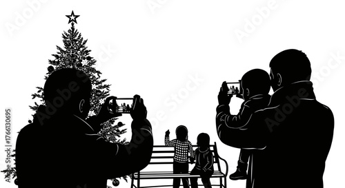Silhouetted parents capture precious holiday memories of their children posing happily by a beautifully decorated Christmas tree, illustrating festive family moments.