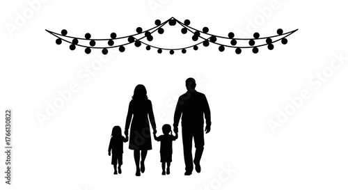 A heartwarming silhouette depicts a happy family of four, parents and two children, walking together under festive Christmas lights, symbolizing holiday joy.