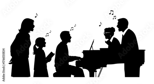 A heartwarming silhouette depicts a family or choir, including a child and pianist, joyfully performing cherished Christmas carols, evoking festive holiday spirit.