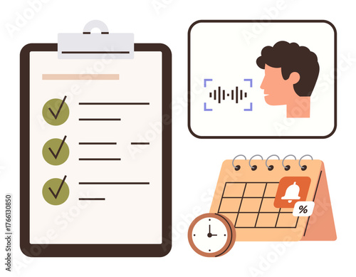 Checklist with marked items, voice recognition interface, calendar with alert icon, and clock. Ideal for productivity, planning, organization, scheduling, efficiency automation simple flat metaphor