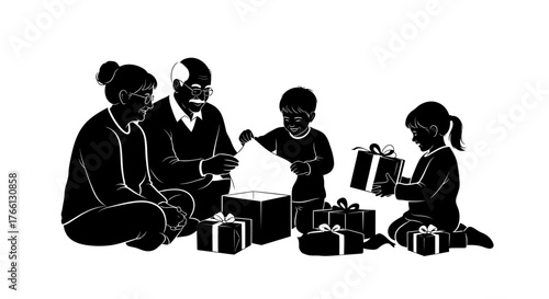 A heartwarming black and white silhouette captures a multi-generational family joyfully exchanging festive Christmas gifts, celebrating the holiday season.