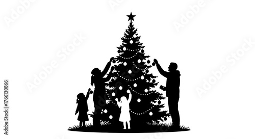 A happy family works together to decorate their festive Christmas tree with sparkling lights and ornaments, symbolizing holiday joy and togetherness.